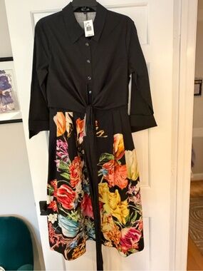 Teri Jon Black Button-Front Floral Tie-Waist Long Sleeve Dress